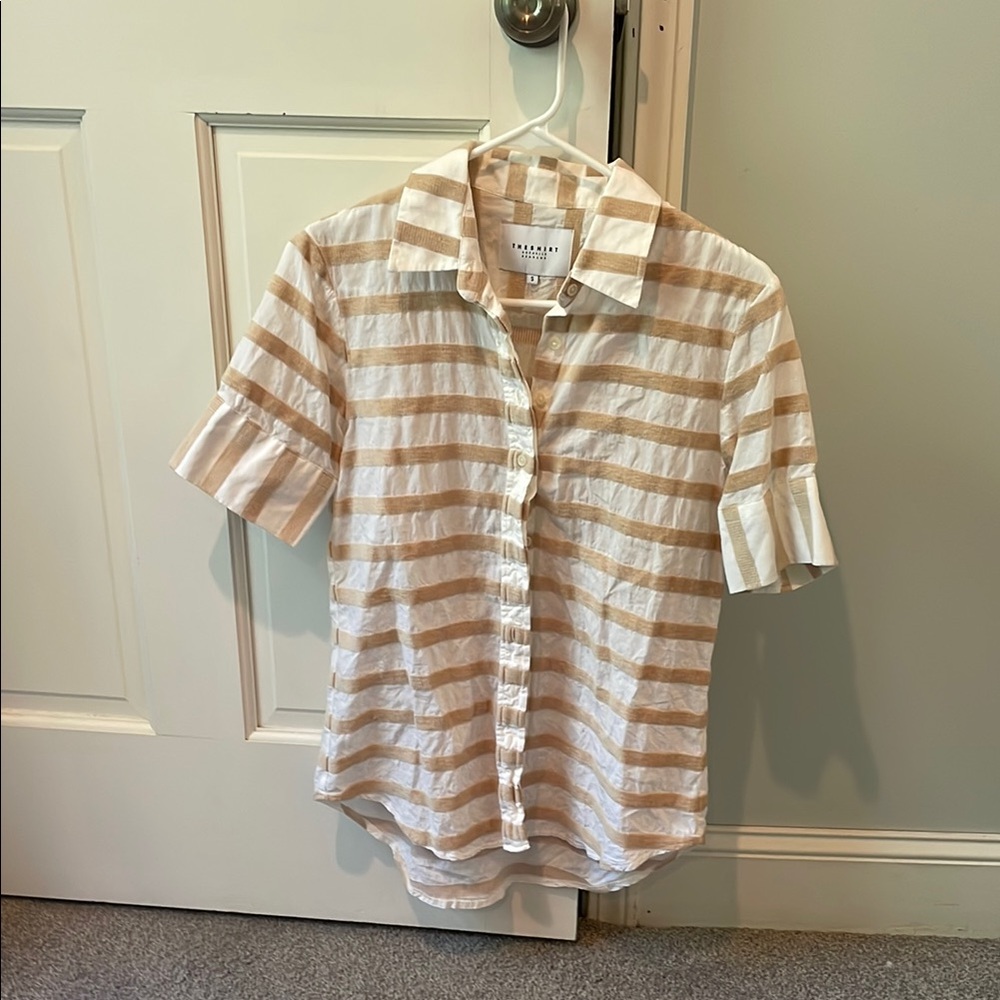 The Shirt by Rochelle Behrens Tan and White Striped Blouse